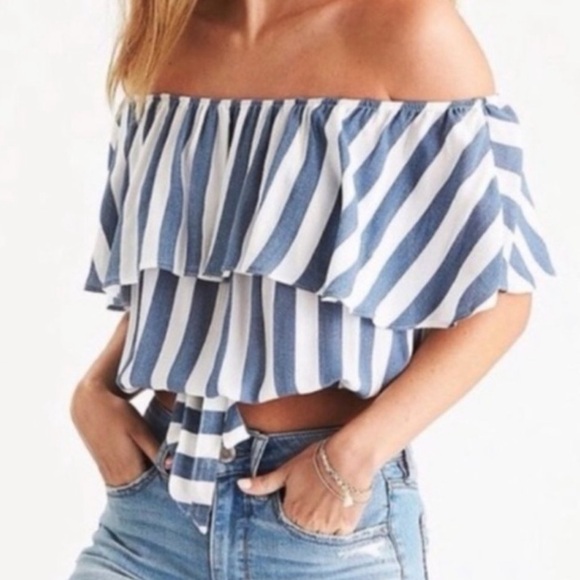 American Eagle off the shoulder blue and white striped crop top - Picture 1 of 7